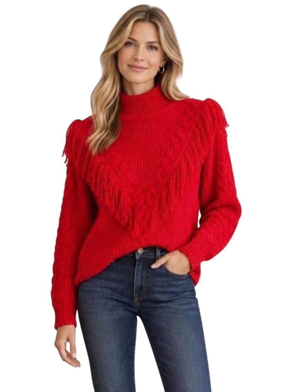 Tuckernuck Caswell Fringe Cable Knit Sweater in Red Small New Womens Top